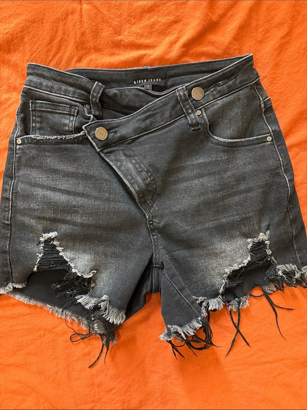 Risen Jeans High Waist Distressed Black Denim Shorts